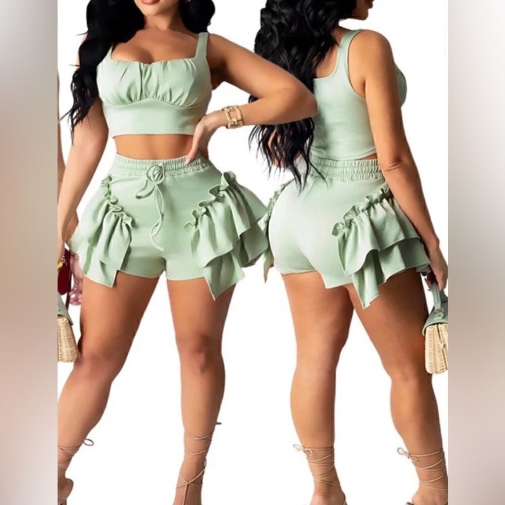High waisted ruffled sexy shorts & crop top set - 2XL - mint green - NEOT